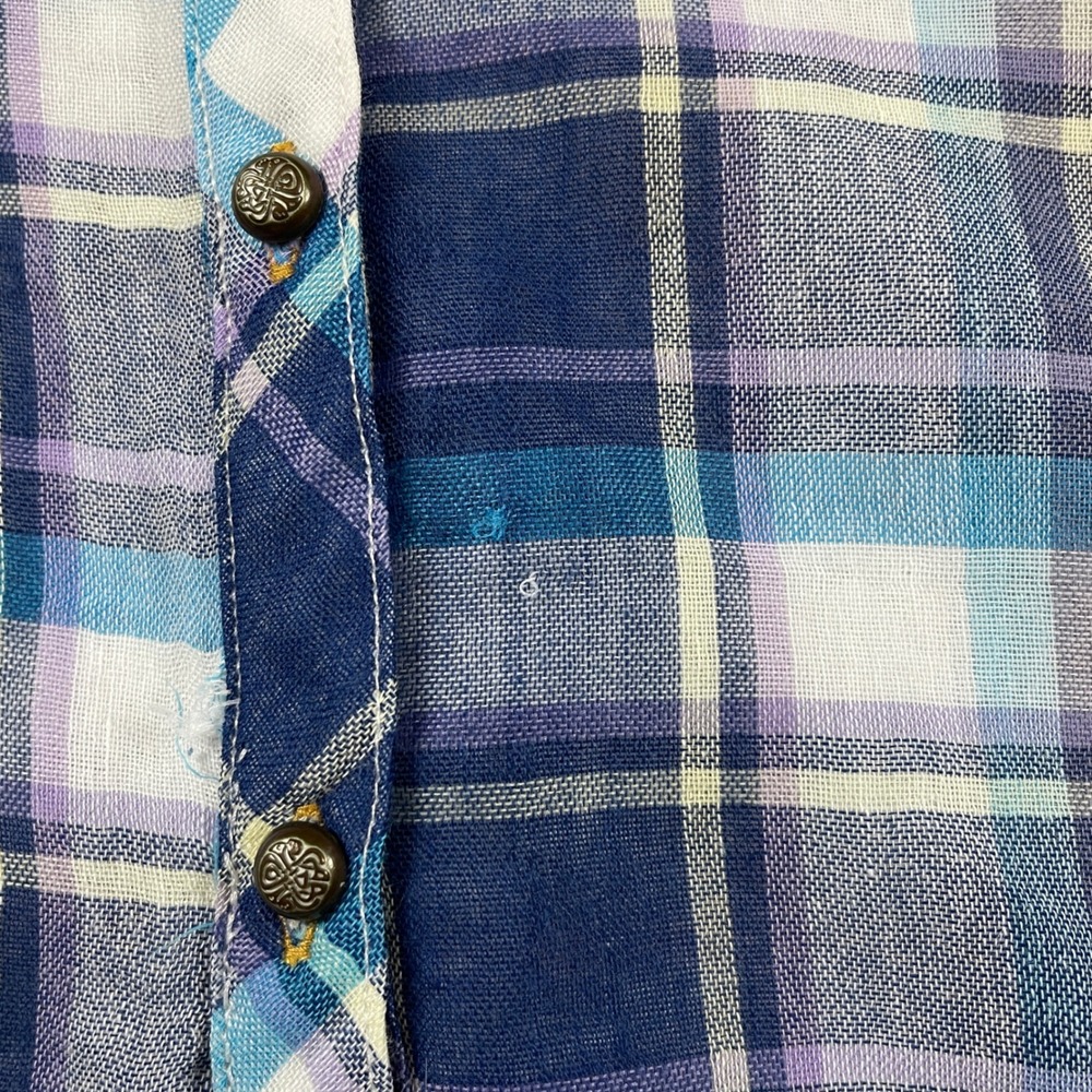 Soft‎ Surroundings Plaid Floral Embroidered Mesh Back Shirt Blue Pink Small Flaw - Picture 11 of 16